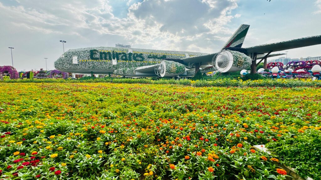 A stunning floral Emirates airplane display at Dubai Miracle Garden, showcasing vibrant colors and artistic design.