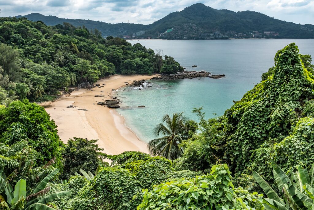 Scenic view of a tranquil tropical beach cove in Phuket surrounded by lush greenery.